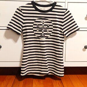 Tory Burch  black/white Stripped Logo Top tee